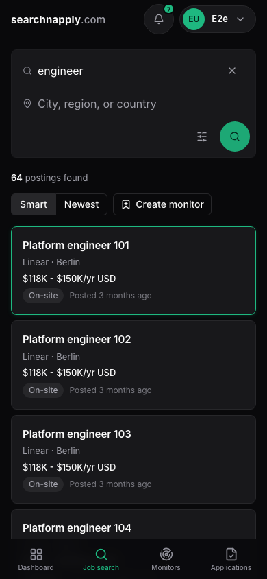 Job search: the search bar, the filters and the results with a posting open
