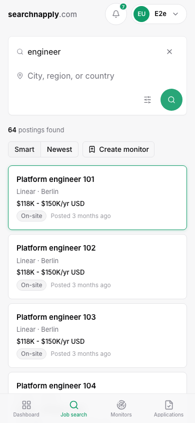 Job search: the search bar, the filters and the results with a posting open