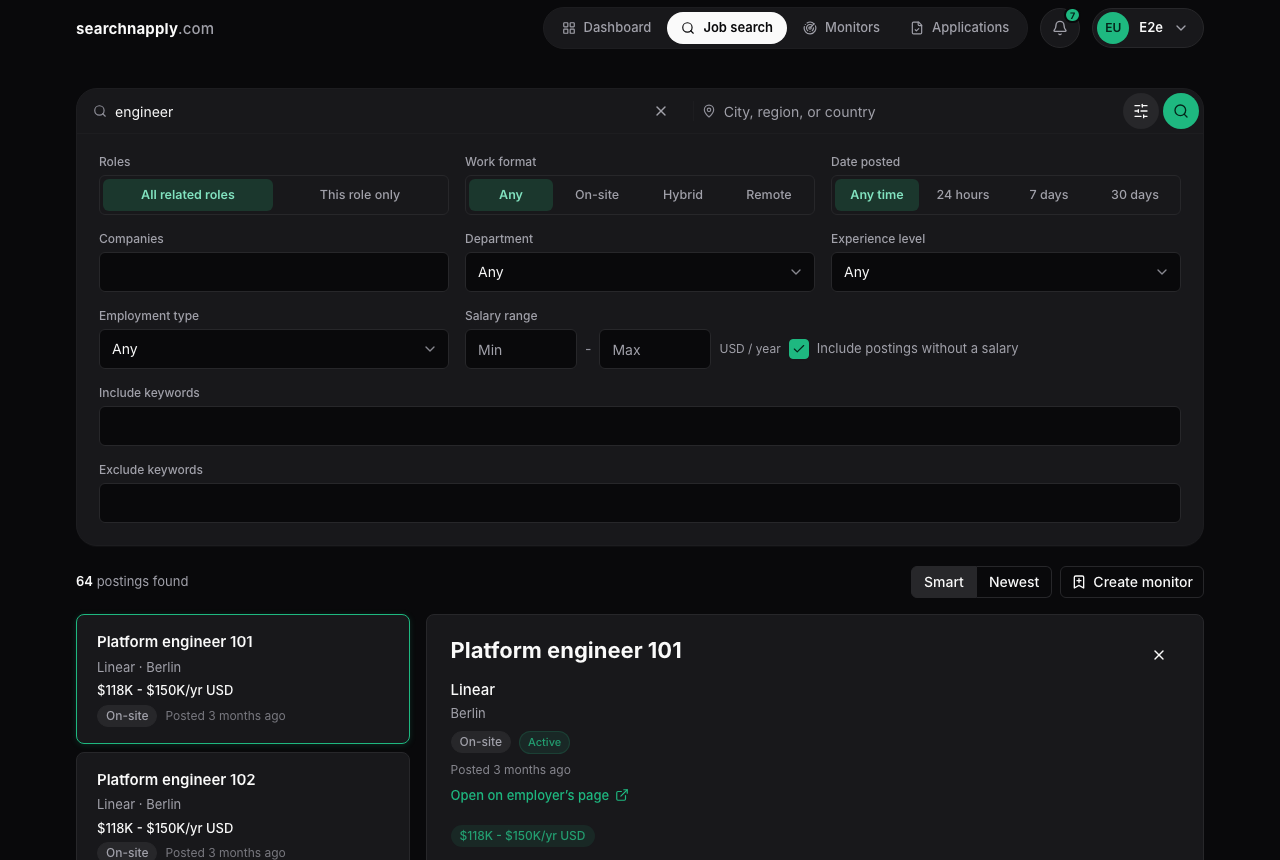 Job search: the search bar, the filters and the results with a posting open