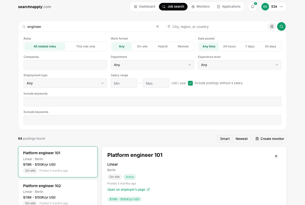 Job search: the search bar, the filters and the results with a posting open