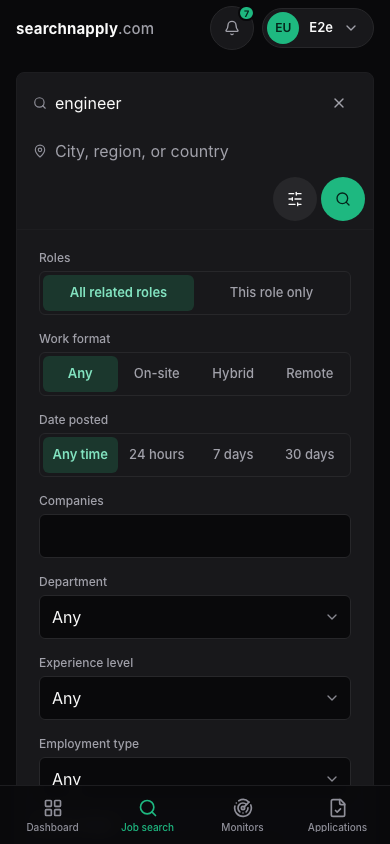 Job search with the filters open