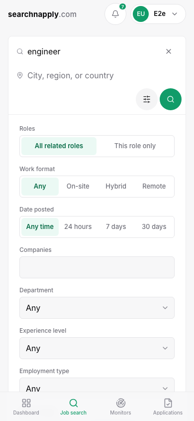 Job search with the filters open