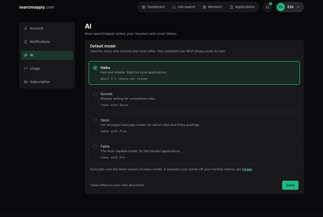 Settings, AI: the default model