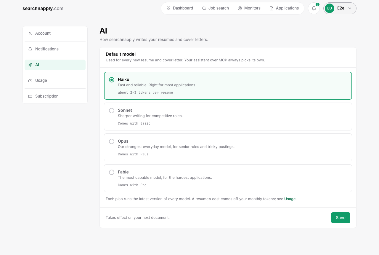 Settings, AI: the default model